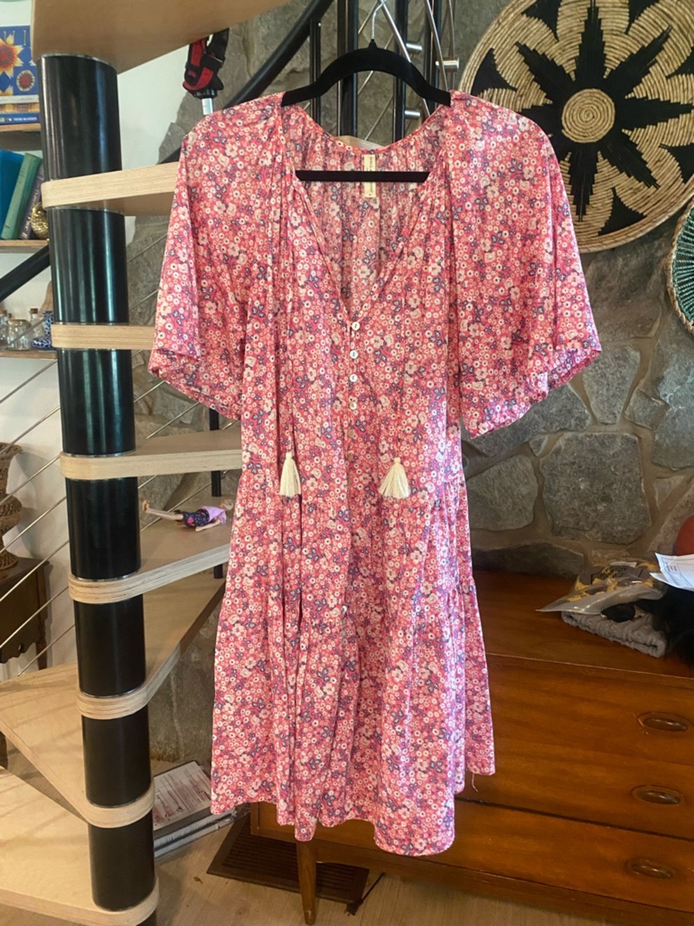 Spell Pink Floral Mini Dress with Tassel Tie